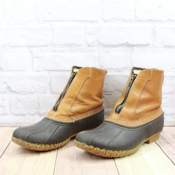 LL Bean Brown Leather Front Zip Waterproof Insulated Ankle Duck Boots Size 9 - Picture 2 of 10
